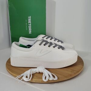 Tretorn NY Lite Bold White Canvas Platform Sneakers Gingham Ribbon Laces W9.5